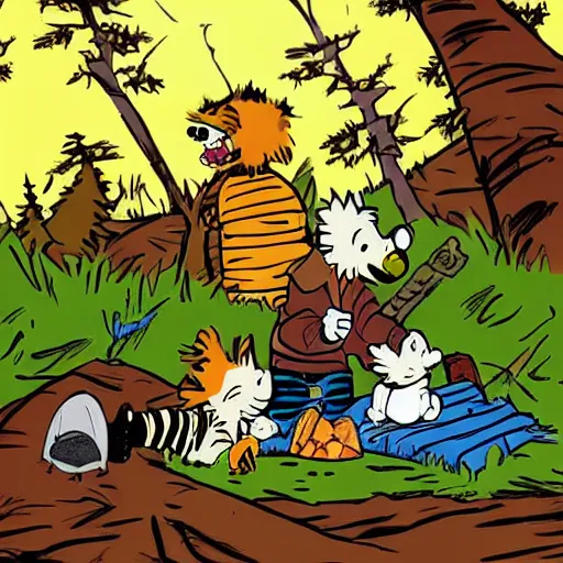 Image similar to Calvin and Hobbes camping in the forest