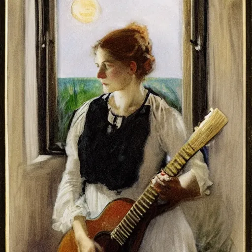 Image similar to a young edwardian woman wearing a white dress, playing guitar in a window at night, the sea and a beach and the moon is visible in the background, in the style of anders zorn