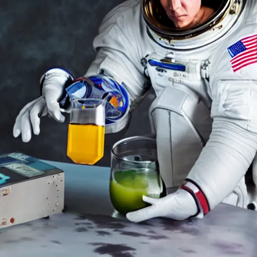 Image similar to an astronaut mad scientist mixing a potion