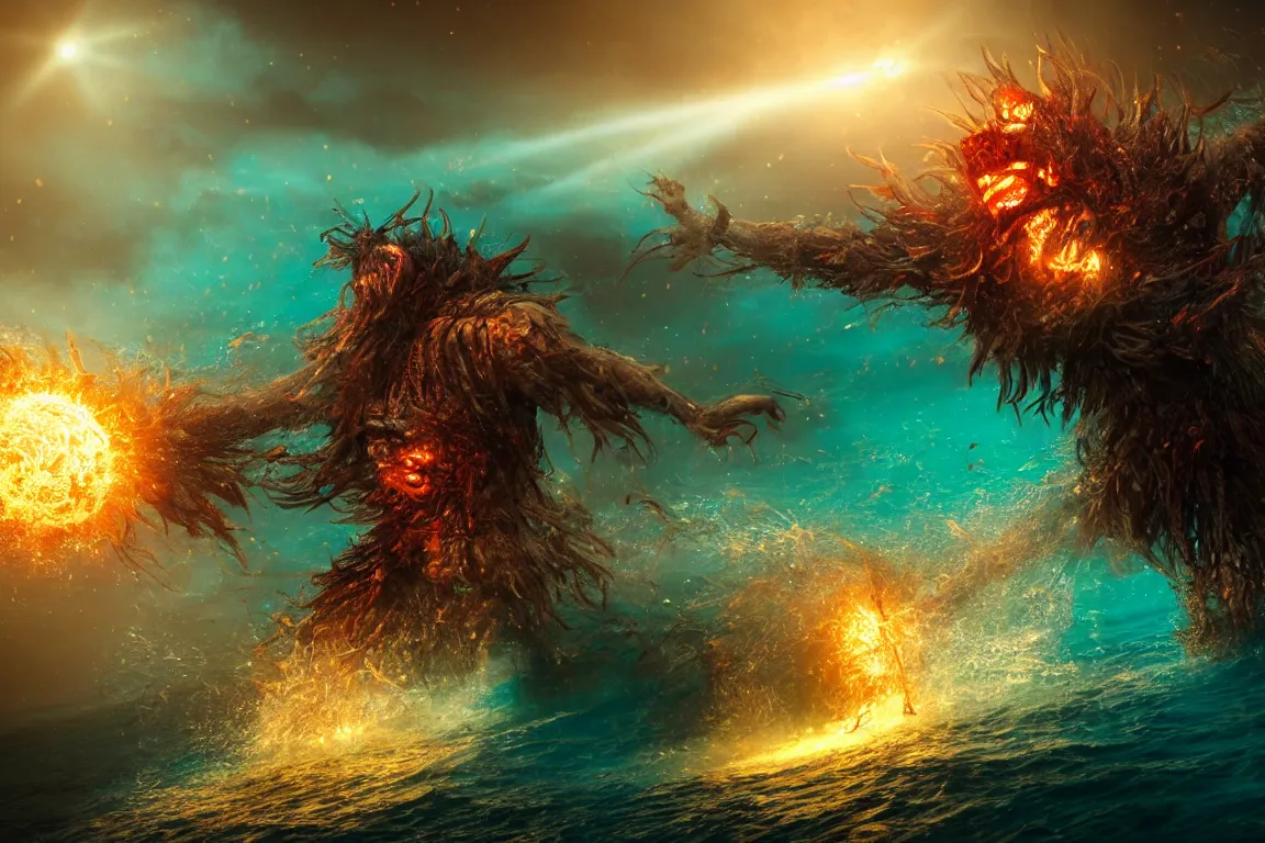 Image similar to colossal shaman god destroying very living thing in the ocean, cast across the night sky, 8 k, ultra realistic, lens flare, atmosphere, glow, detailed, intricate, full of colour, cinematic lighting, trending on artstation, 4 k, hyperrealistic, focused, extreme details, unreal engine 5, cinematic, masterpiece