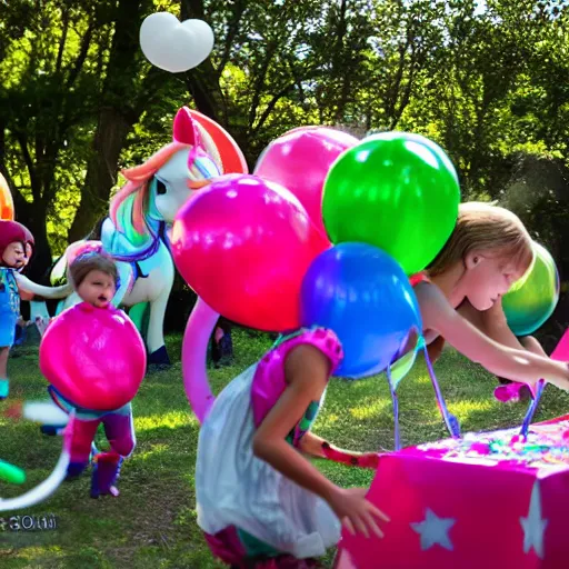 Image similar to children riding (my little pony) at a birthday party in the city park. balloons, cake, presents, craziness, havoc, 8K, 4K, digital art, 3D, cgsociety, realistic photograph