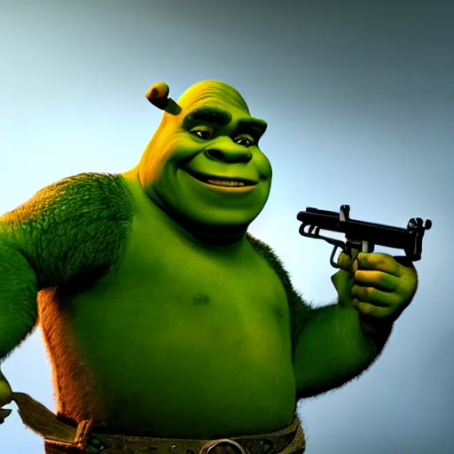 Image similar to shrek as gun, masterpiece, highly detailed, high quality, 4 k, anatomically correct, hyperrealistic, concept art, octane render, unreal engine 5, trending on artstation, trending on deviantart, matte, historical painting, fantasy style, path traced, high coherence, soft lighting, digital painting, mythical