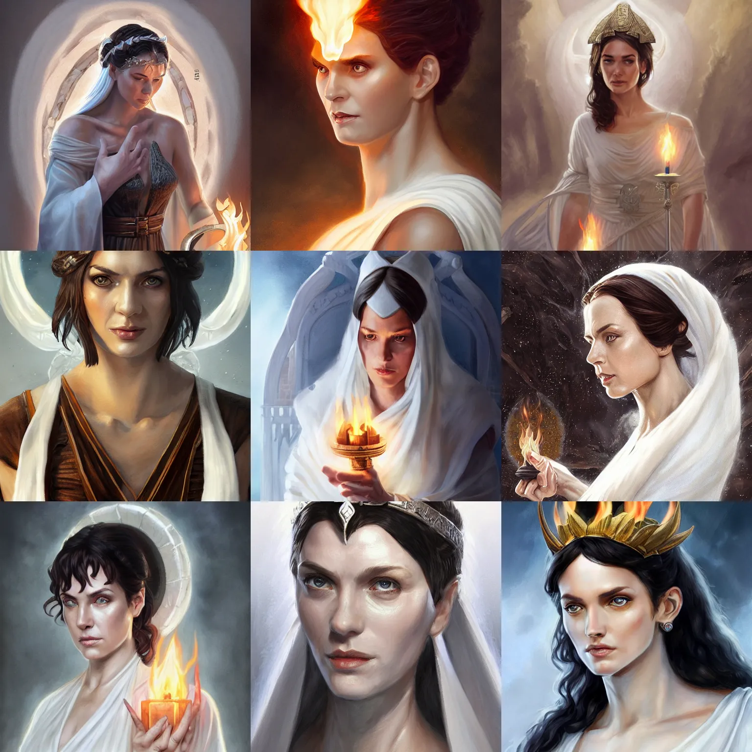 Prompt: hestia, helen mcrory, old greek goddess, white tunic, sacred flame, d & d, fantasy, portrait, highly detailed, digital painting, trending on artstation, concept art, sharp focus, illustration, art by artgerm and greg rutkowski and magali villeneuve