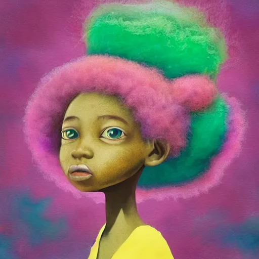 Prompt: a girl with a big colorful! dream a black girl with a colorful afro and big beautiful eyes, in a candy forest! at night, bright colours, watercolor, volumetric wool felting, macro photography, children illustration, by goro fujita