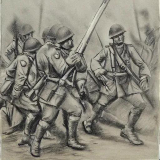 Image similar to charcoal sketch of german WW1 soldiers fighting zombies with flame throwers