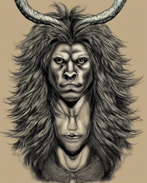 Image similar to human / eagle / lion / ox hybrid with two horns, one beak, mane and human body. drawn