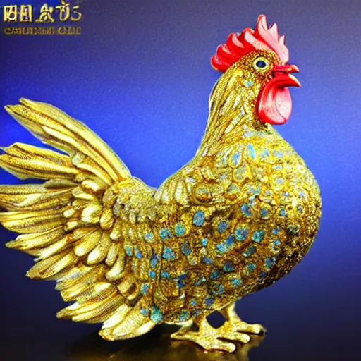 Prompt: beautiful, glorious crystallized gold sculpture chicken emperor, blue and silver colors, intricate details, realistic, reflective 3 d rtx hd