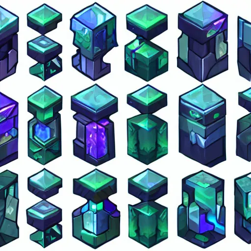 Prompt: [ [ isometric ] ], spritesheet, game asset, polygon, [ [ [ crystal ] ] ] [ [ [ skulls ] ] ], transparent, refractive, vector art, hearthstone, league of legends, overwatch, excessively - dimensional, refractive, fluorite, chromatic aberration