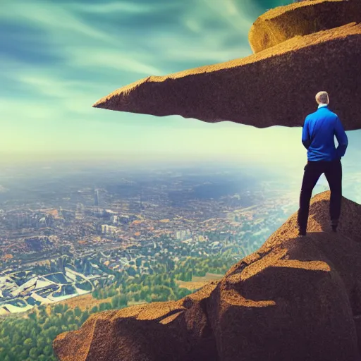 Image similar to a man looking down from a very tall mountain and seeing a city below him, photorealistic