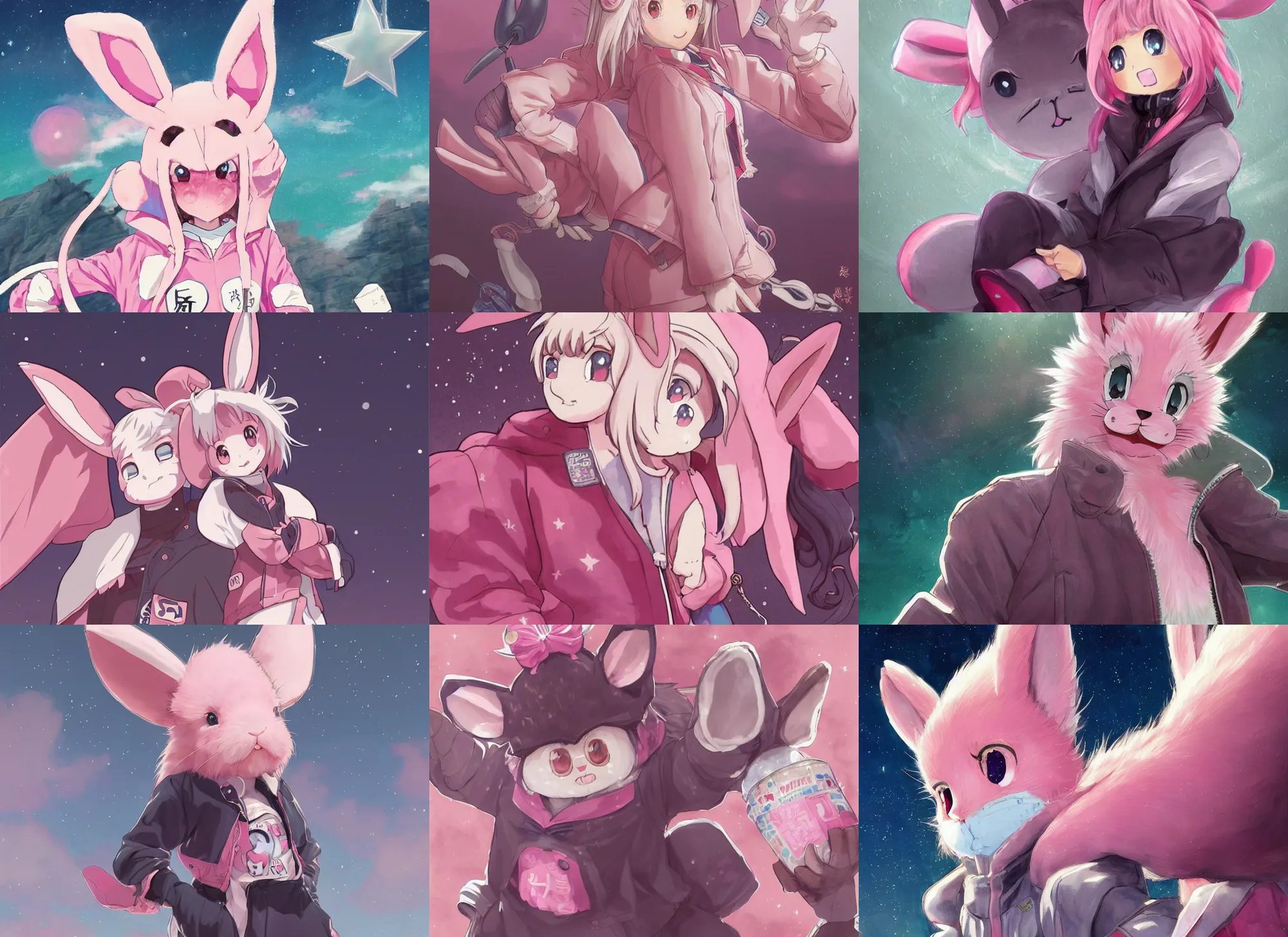 official artwork of a half human, anime pink rabbit | Stable Diffusion