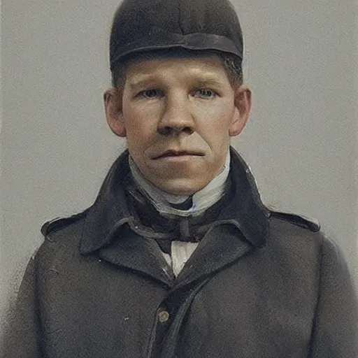 Prompt: thirty years old Lee Evans as a ((sad)) 19th century, eastern european postman (without bead and without mustache). ((The background is a 19th century east european village)). detailed, soft focus, interesting lights, realistic, shadows, higher contrasts, afternoon lights, hyperdetailed, oil canvas, character concept art by Munkácsy Mihály, Hollósy Simon, Csók István, John Everett Millais, Henry Meynell Rheam, and da Vinci