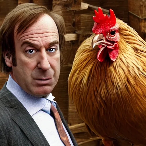 Prompt: saul goodman and a rooster in a saw movie torture chamber, scary torture devices in the background, saul goodman, rooster, photo