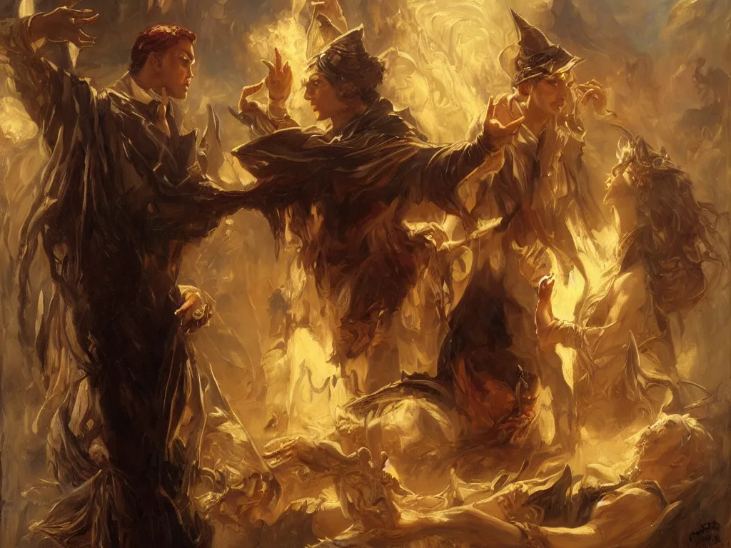 Image similar to attractive magician casts dark spell, summoning attractive lucifer morningstar. highly detailed painting by gaston bussiere, craig mullins, j. c. leyendecker 8 k