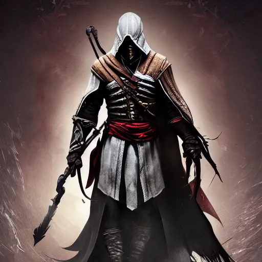 Image similar to an ultra detailed vector image of ezio auditore dressed as the hunter from bloodborne, concept art by alphonse mucha and greg rutkowski, praise the blood moon, octane render, liminal space