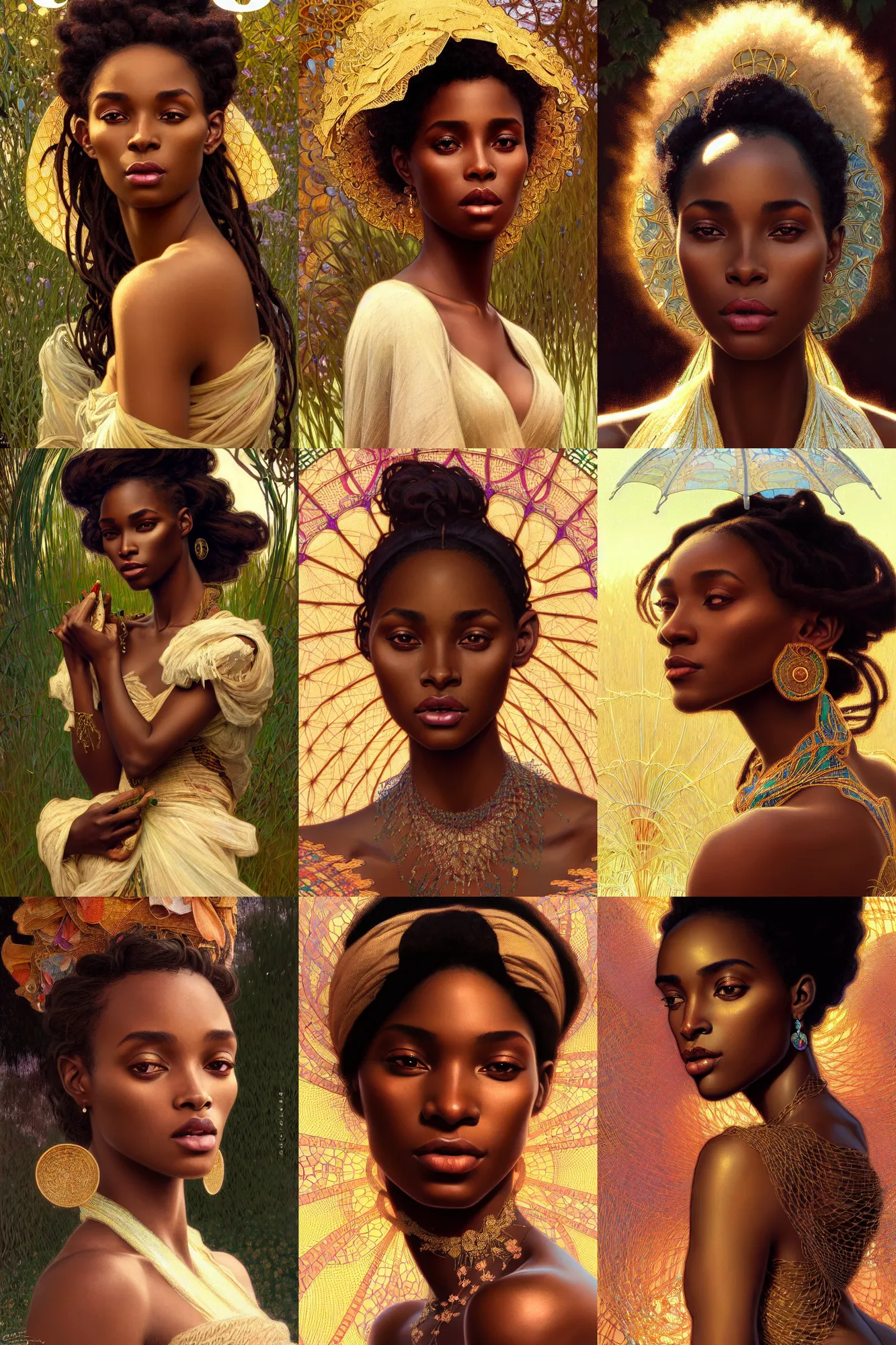 Prompt: clear portrait of a beautiful african woman, vogue cover, high fashion, bokeh background, cottagecore, garden, intricate, elegant, highly detailed, digital painting, artstation, concept art, smooth, by georgy chernyadyev and alphonse mucha and, greg rutkowski, gaston bussiere, craig mullins,