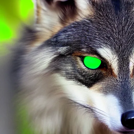 Image similar to winged wolf with glowing green eyes, award winning photograph