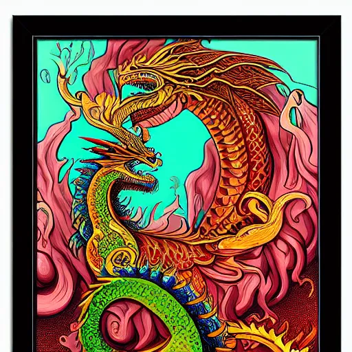Prompt: a painting of a dragon in a frame, poster art by joe fenton, behance contest winner, psychedelic art, psychedelic, lovecraftian, biomorphic, vivid color hues