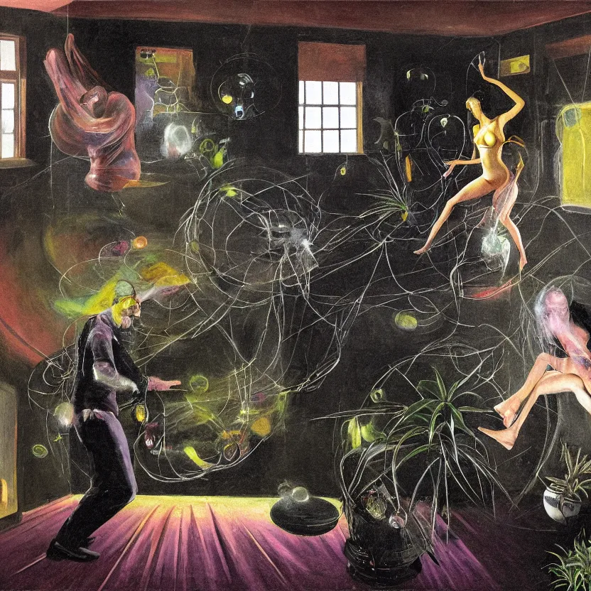 Image similar to Detailed image of a man and woman start to bounce in a living room of a house, floating dark energy surrounds the middle of the room. There is one living room plant to the side of the room, surrounded by a background of dark cyber mystic alchemical transmutation heavenless realm, by francis bacon and Jenny seville, midnight hour, part by adrian ghenie, part by jeffrey smith, part by josan gonzales, part by norman rockwell, part by phil hale, part by kim dorland, artstation, highly detailed