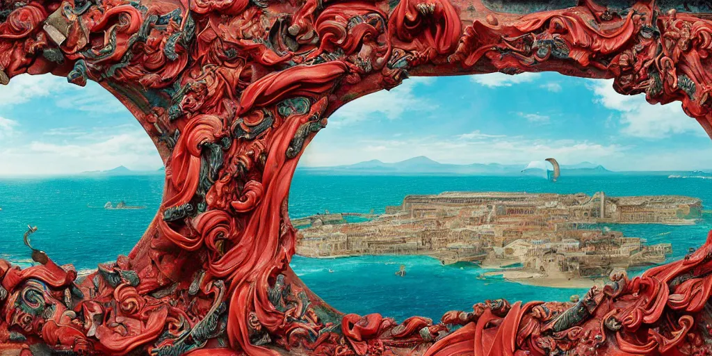 Prompt: rateo, tilt shift, gulf, gulf of Naples, Pompeian, Athene, whale, narval, poseidon, naval battle, italian masterpiece, wind, sky in background, wind rose, Ashford Black Marble, sculpture, baroque, draped with red Hibiscus and vines and spines, puffy clouds, suns, moons, drapes, armour, medieval globe, glass, portrait, siren, lion, chariot, nautilus, pinecone, render, artstation, ultra detailed