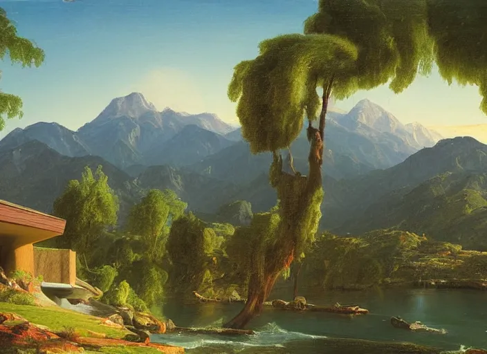 Prompt: painting of a john lautner house in front of beautiful mountains by thomas cole