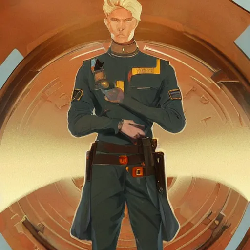 Image similar to uncannily beautiful blonde man, genetically perfect, with distant expression and piercing blue eyes, wearing fascist Byzantine police uniform and standing in ancient bronze arcology airlock, science fiction concept art by Anato Finnstark, Alphonse Mucha, and Greg Rutkowski