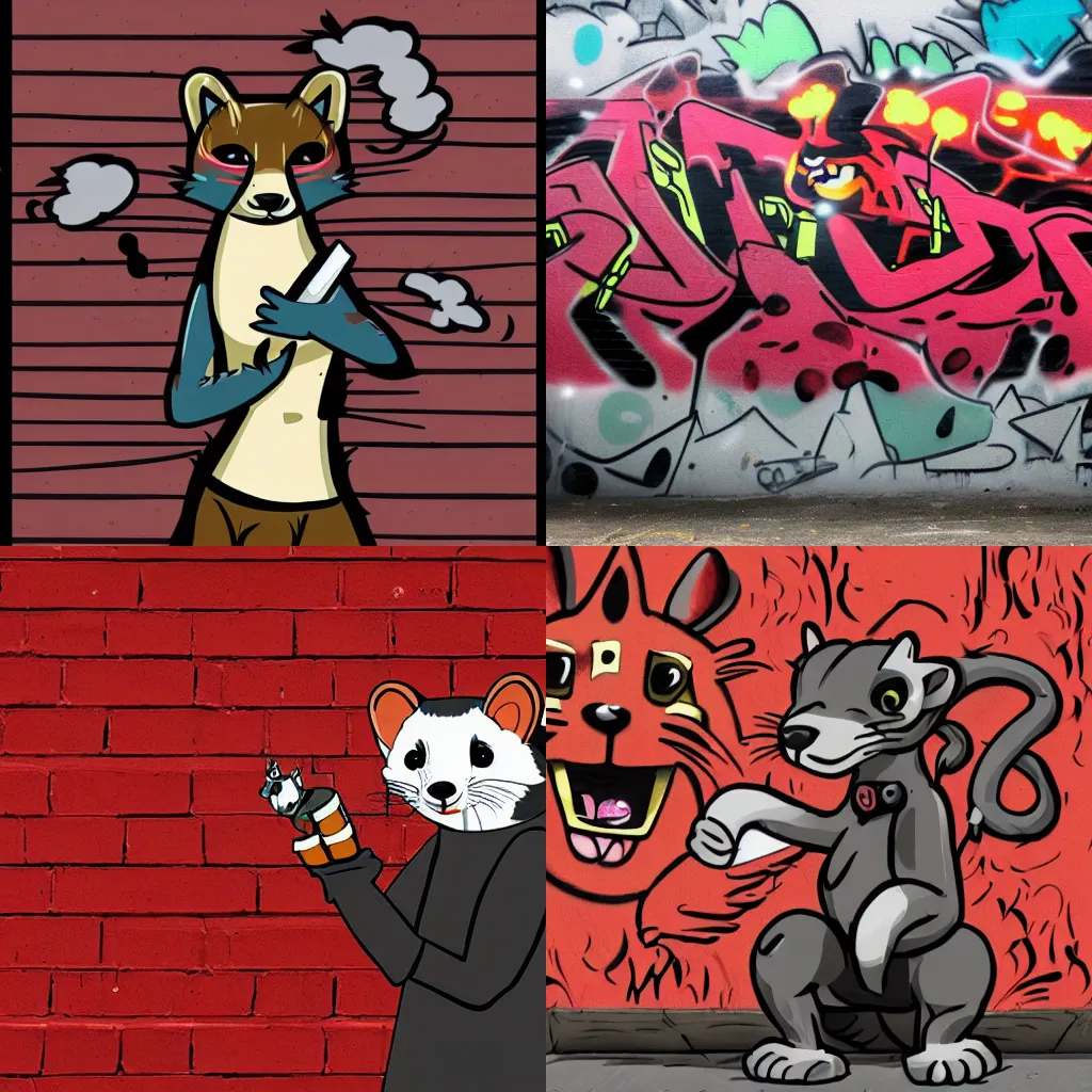 Prompt: furry _ fandom _ fursona ( red - and - black, weasel - ferret - stoat ), graffiti _ background ( smoke ), favela _ wall