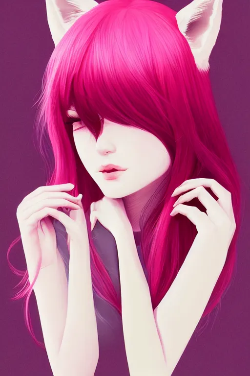 Prompt: !dream centered detailed portrait of a beautiful shy woman with medium fuschia hair and fox ears, by Ilya Kuvshinov