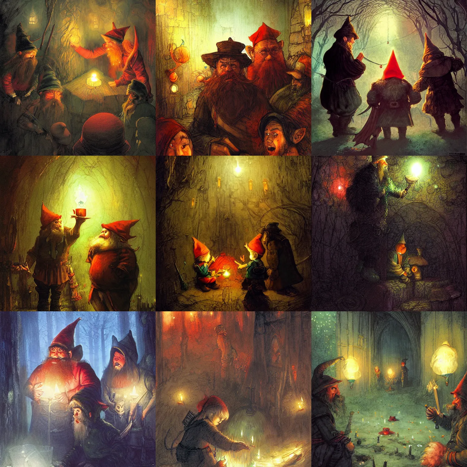 Prompt: cunning, grimy, grumpy [ [ elves ] ] ( with red hats, beards and glowing! laterns ) in a pitch black [ mine ], fairy tale illustration, lumnoius colorful, digital art by alan lee, rembrandt, and marc simonetti