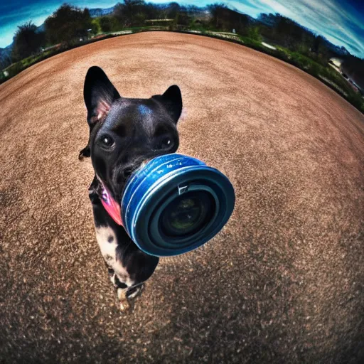 Image similar to dog sniffing camera, close-up, gopro image, worm's-eye view