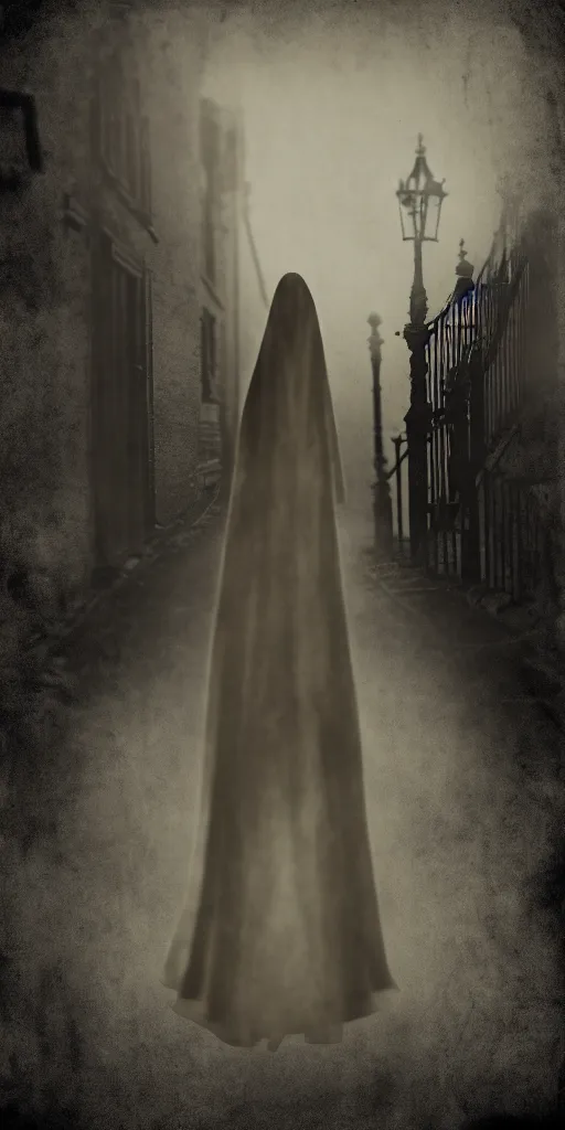 Image similar to a long legged victorian ghost, haunted, creepy, dark street, ghostly, old faded photograph, filmgrain, damaged film stock, sepia, black and white, by octane render blender 8 k isometric dof spot lighting