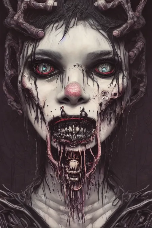 Image similar to portrait of a creepy horror punk girl . intricate abstract. intricate artwork. nightmare fuel. terrifying. by Tooth Wu, wlop, dan mumford , trending on artstation, greg rutkowski very coherent symmetrical artwork. cinematic, hyper realism, high detail, octane render, 8k