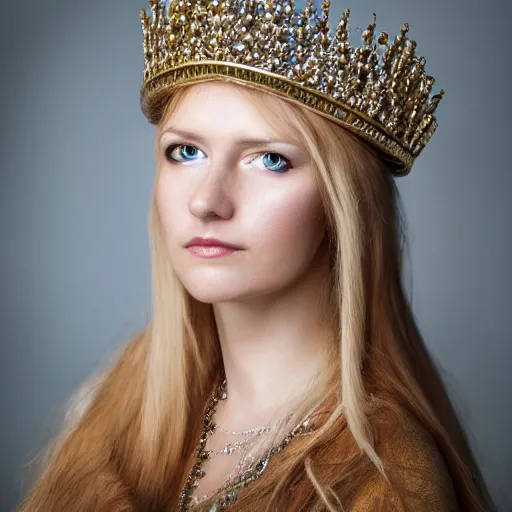 Image similar to portrait head shot photo of a real-life beautiful nordic queen, highly detailed