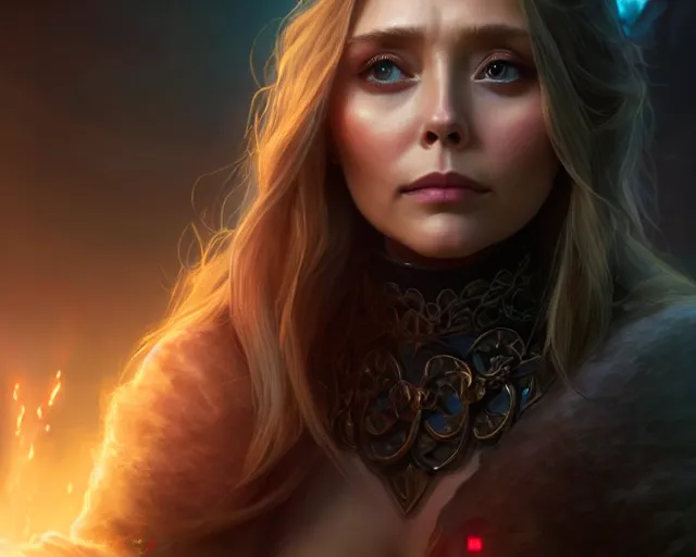 Prompt: a gaming screenshot still portrait of elizabeth olsen in final fantasy, deep focus, d & d, fantasy, intricate, elegant, highly detailed, digital painting, artstation, concept art, matte, sharp focus, illustration, dark fantasy style art, hearthstone, art by artgerm and greg rutkowski and alphonse mucha