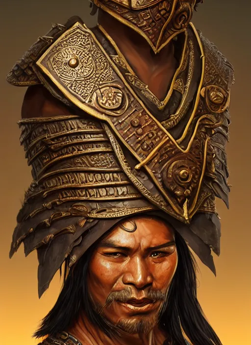 Image similar to tai warlord, closeup portrait, historical, ethnic group, traditional costume, bronze royal thai headset, leather shoulder armor, fantasy, intricate, with tai bronze artifacts, leather armor cross onbare chest, elegant, loin cloth, highly detailed, oill painting, artstation, concept art, matte, sharp focus, illustration, hearthstone, art by earl norem