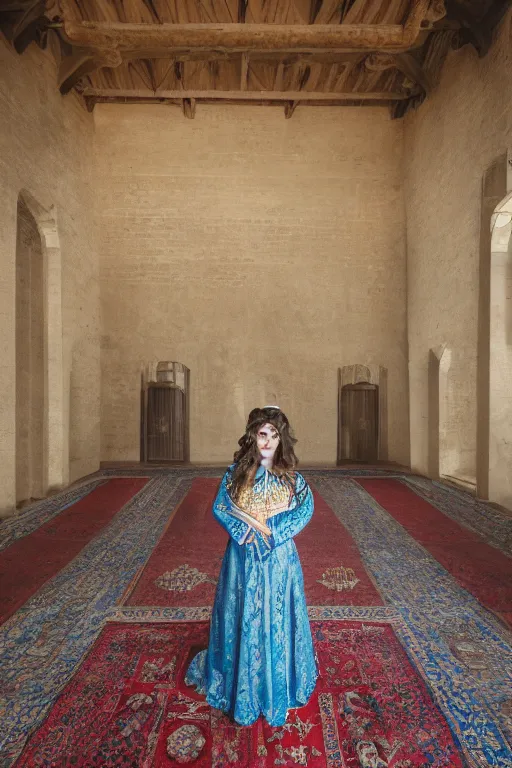 Image similar to a photo of a beautiful young Persian princess wearing a traditional blue dress, standing in a large empty hall, lit from above with vaulted ceilings and high windows. Photorealistic.