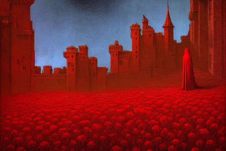 Prompt: only with red, red flowers, a crimson tiger, a castle in the background, medieval demons, an ancient path in the style of beksinski, part by hopper, part by rodcenko, part by hofbauer, intricate composition, red by caravaggio, insanely quality, highly detailed, masterpiece, red light, artstation