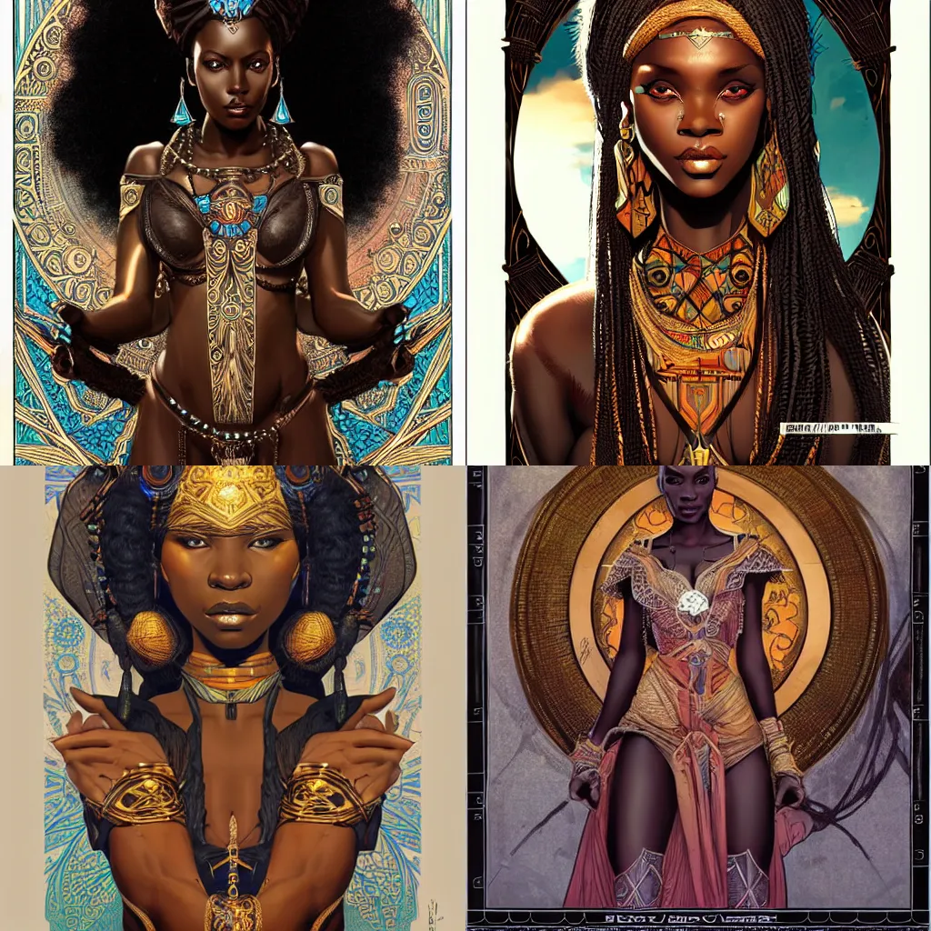 Prompt: black african princess, symmetric, intricate, highly detailed, concept art, illustration, rutkowski, mucha, aleksi briclot