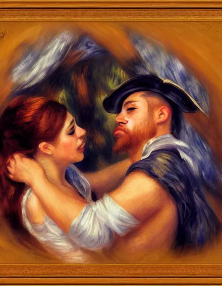 Image similar to couple in love. fully clothed armed female pirate captain with a male pirate partner, sun, summer, blue eyes, beauty, wisdom, love, strength, knowledge, smart, portrait, symmetrical, highly detailed, digital painting, artstation, smooth, sharp focus, illustration, strength, art by renoir and louis theophile hingre. 8 k