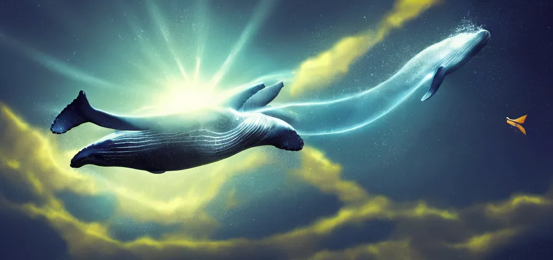 Image similar to a whale flying above the sea, glowing fish underneath the sea, cosmic sky, concept art, trending on artstation, soft lightning