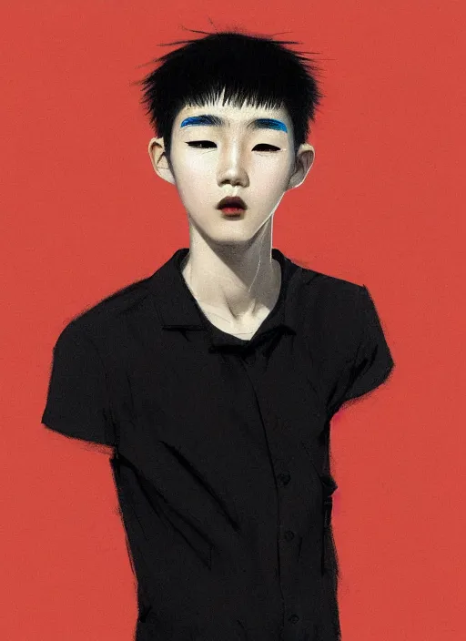 Image similar to portrait of an korean teen boy with a crooked nose and a confident expression, 1 9 6 0 s, black clothes, goth, punk, brightly coloured hair, funk, intricate, elegant, highly detailed, digital painting, artstation, concept art, smooth, sharp focus, illustration, art by wlop, mars ravelo and greg rutkowski