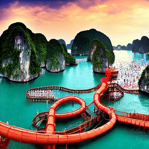 Image similar to halong bay vietnam waterpark with waterslides, digital art, cinematic lighting, epic composition, highly detailed