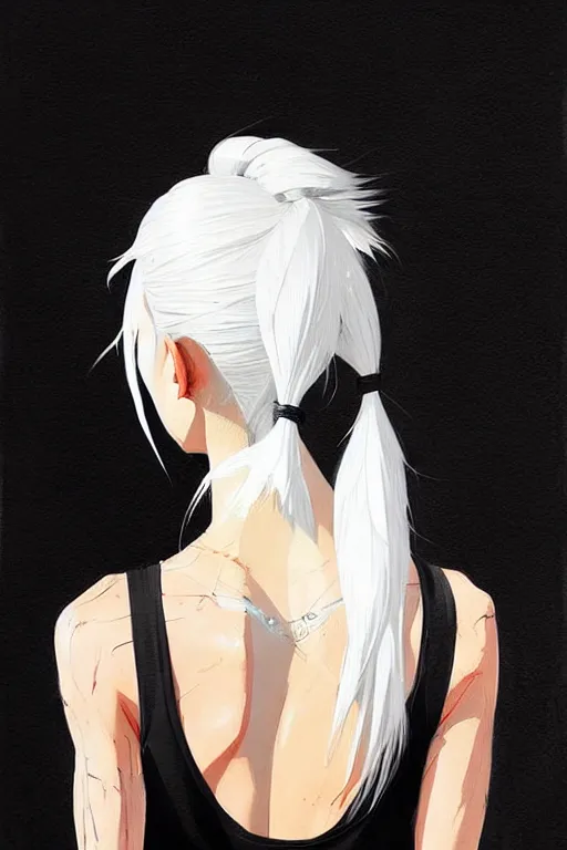 Image similar to a ultradetailed beautiful painting of a stylish woman in with white hair in a ponytail, she is wearing a black tank top, by conrad roset, greg rutkowski and makoto shinkai trending on artstation