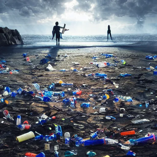 Image similar to tsunami of plastic bottles crashing on a beach, dim volumetric lighting, 8 k octane beautifully detailed render, post - processing, extremely hyper - detailed, intricate, epic composition, giant bananas natural disaster, cinematic lighting, masterpiece, trending on artstation, detailed detailed detailed, masterpiece, stunning art by anders zorn, wonderful masterpiece by greg rutkowski, beautiful cinematic light