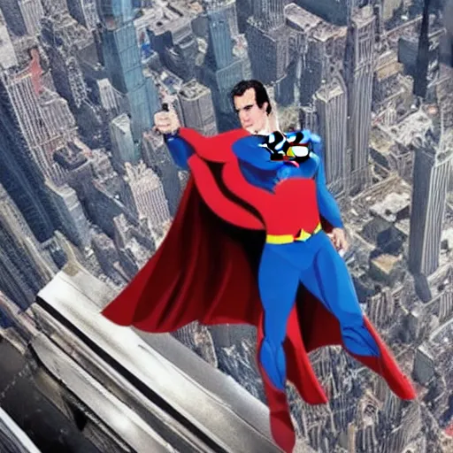 Prompt: Incredible cinematic realistic image of Henry Cavill dressing up the cape as Superman at top of empire state