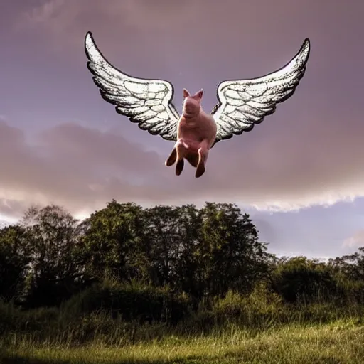 Image similar to pig flying with angel wings in a blue sky dramatic lighting