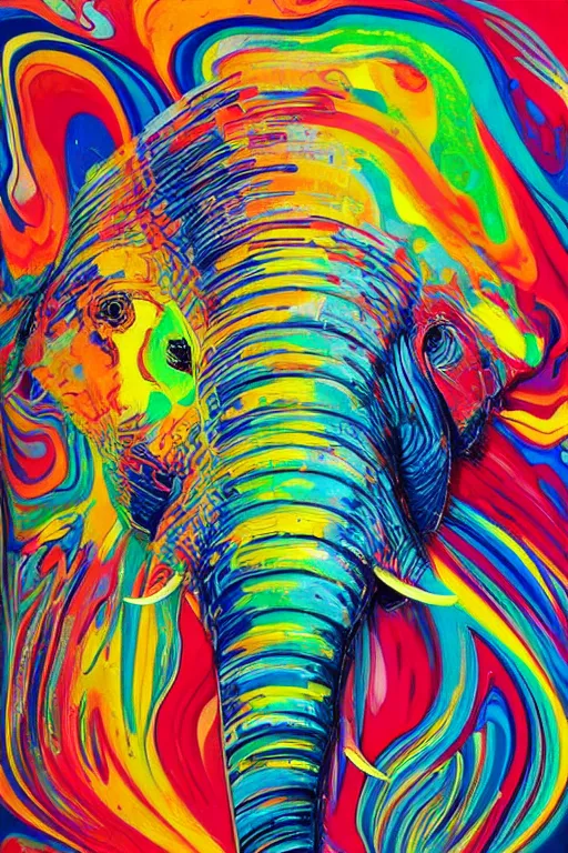 Image similar to fluid dynamics flow art a painting of an elephant with a colorful swirl, acrylic marbling art by sam spratt, deviantart, psychedelic art, psychedelic, cosmic horror, chromatic