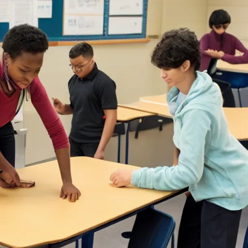 Prompt: two student moving a table