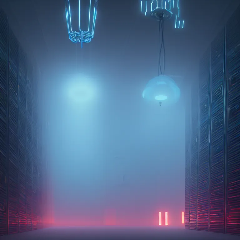 Image similar to an immaculate volumetric lighting octane redshift render of a large rack of beautiful iridescent device at che center of a in a vast modern datacenter, fog, god rays, and nixie tubes by Zdzisław Beksiński and beeple, beautiful modern colors, ultradetailed, 4k ultra
