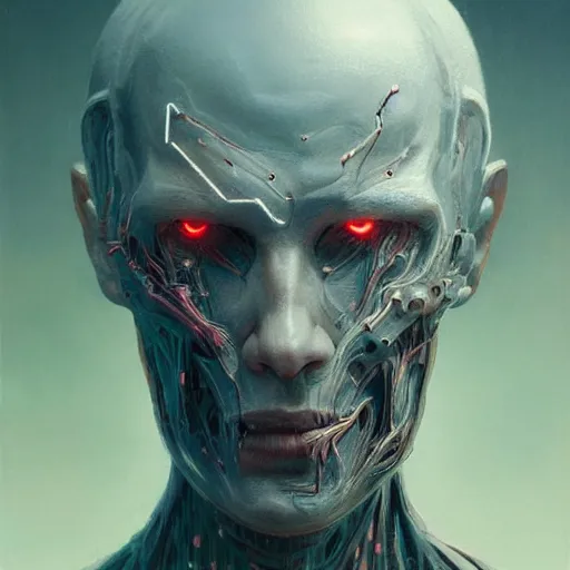 Prompt: portrait art of an ultradetailed evil cyborg made of neuronal networks, by greg rutkowski and Zdzisław Beksiński, digital painting, 8k, intricate, futuristic, dramatic light, trending on cg society