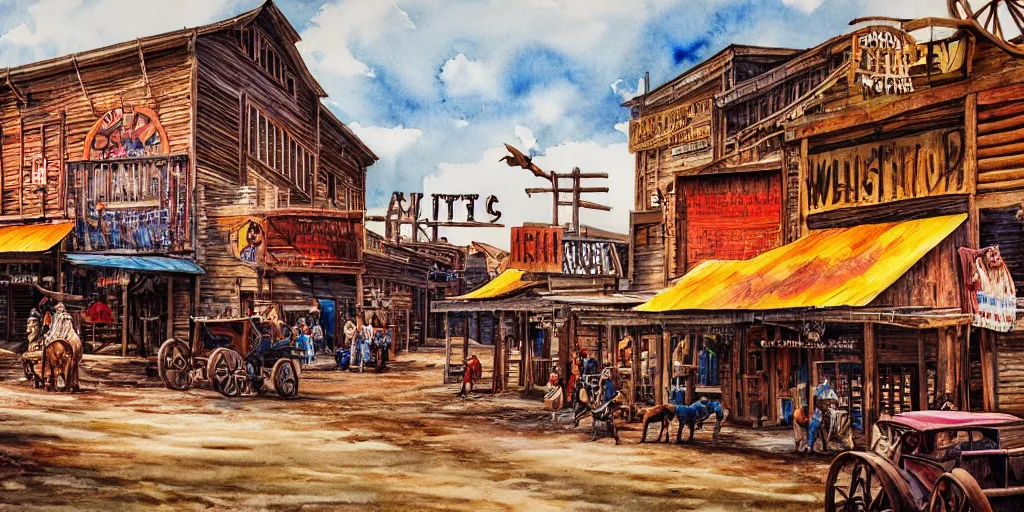 Prompt: watercolor painting of wild west town with very few people, western, old west, vivid colors, warm colors, high production value, intricate details, high resolution, hyperrealistic, hdr, high definition, masterpiece, ultra realistic, highly detailed, hd, sharp focus, non blurry, sharp, smooth